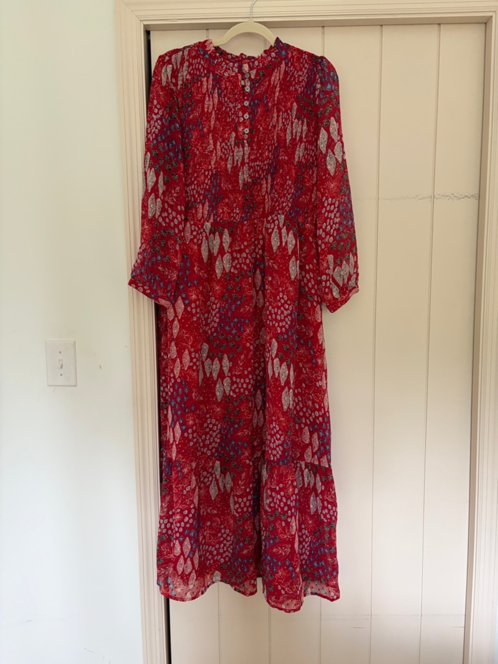 LOFT Red Printed Long Sleeve Maxi Dress